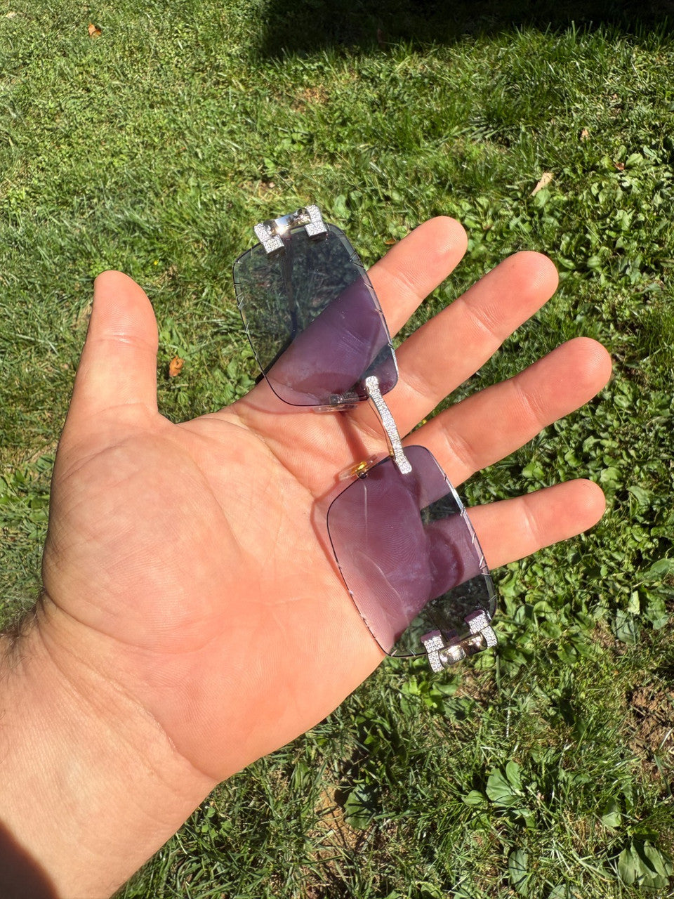 MOISSANITE Big C Iced Out Sunglasses - 925 Silver Buffs - Gray Purple