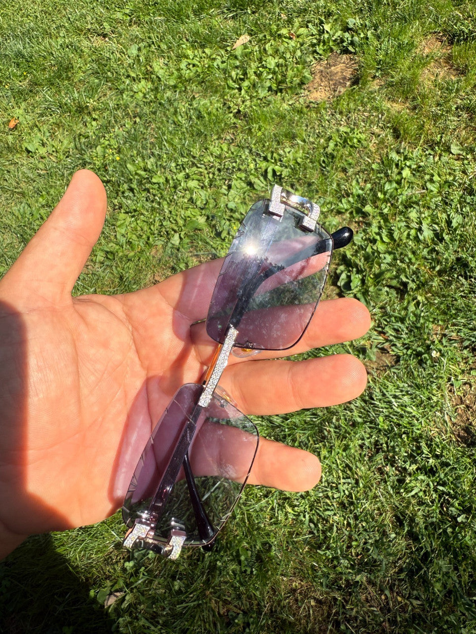 MOISSANITE Big C Iced Out Sunglasses - 925 Silver Buffs - Gray Purple
