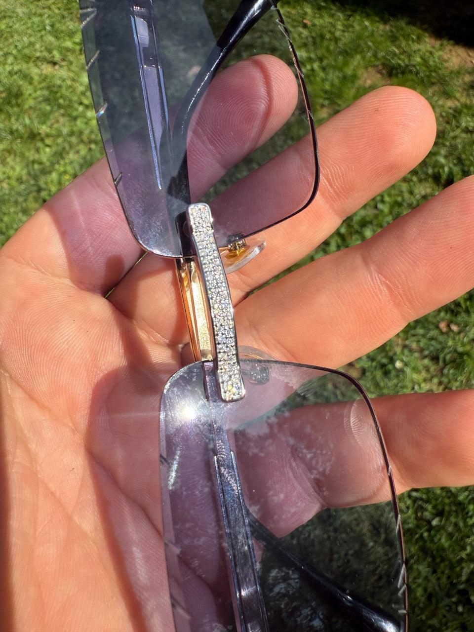 MOISSANITE Big C Iced Out Sunglasses - 925 Silver Buffs - Gray Purple