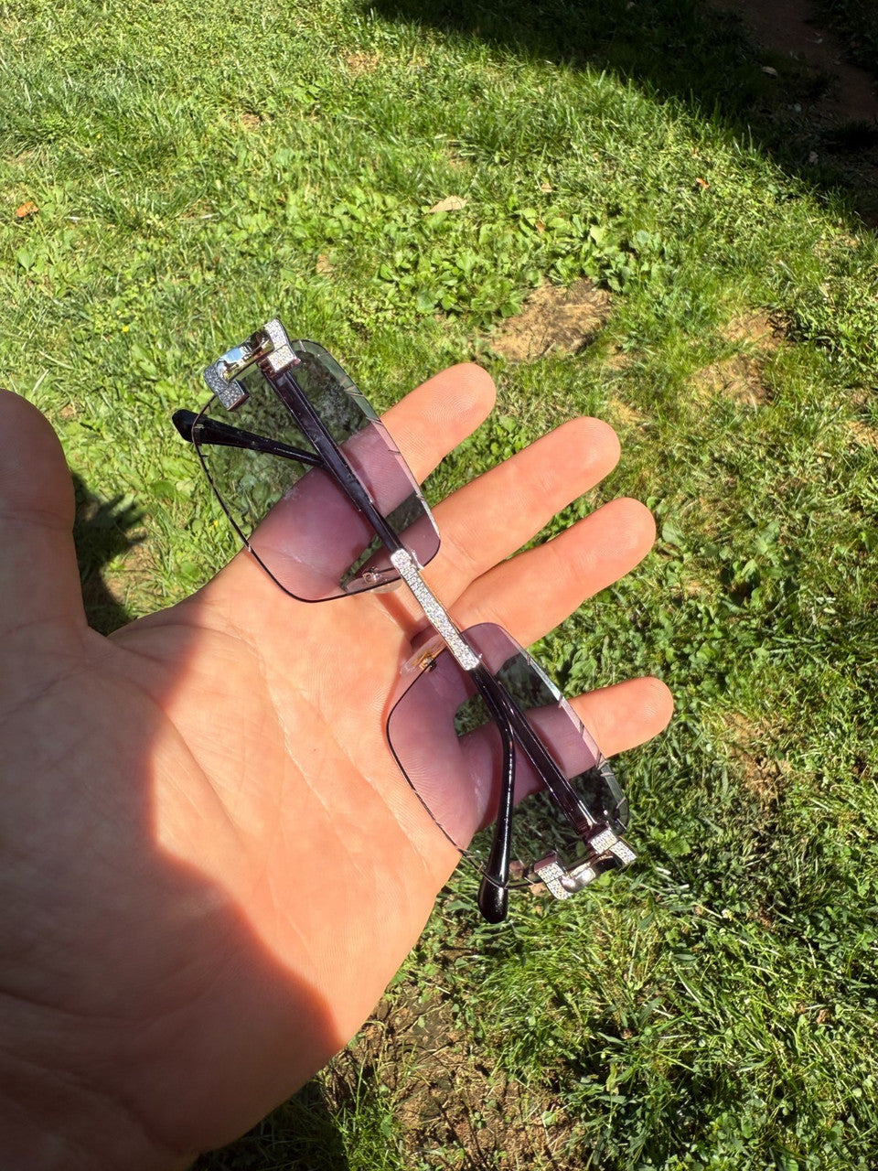MOISSANITE Big C Iced Out Sunglasses - 925 Silver Buffs - Gray Purple