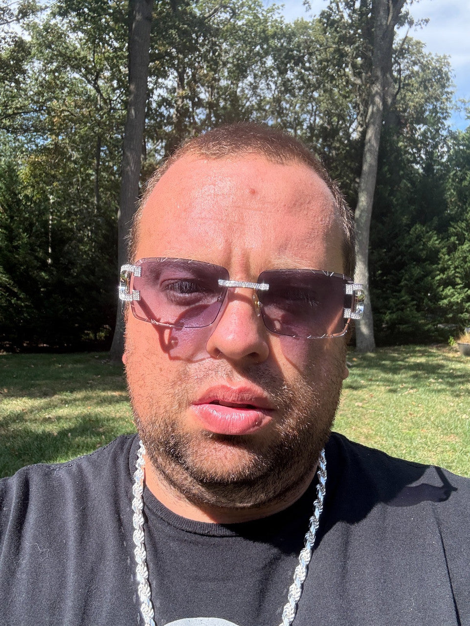 MOISSANITE Big C Iced Out Sunglasses - 925 Silver Buffs - Gray Purple