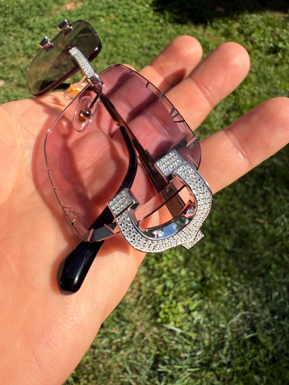 MOISSANITE Big C Iced Out Sunglasses - 925 Silver Buffs - Pink