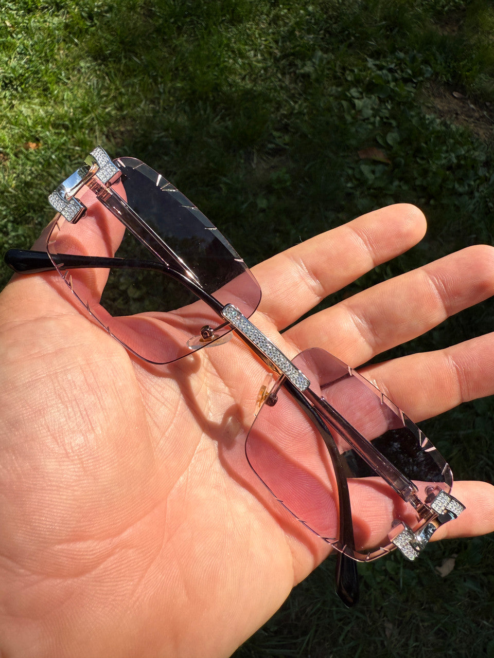 MOISSANITE Big C Iced Out Sunglasses - 925 Silver Buffs - Pink