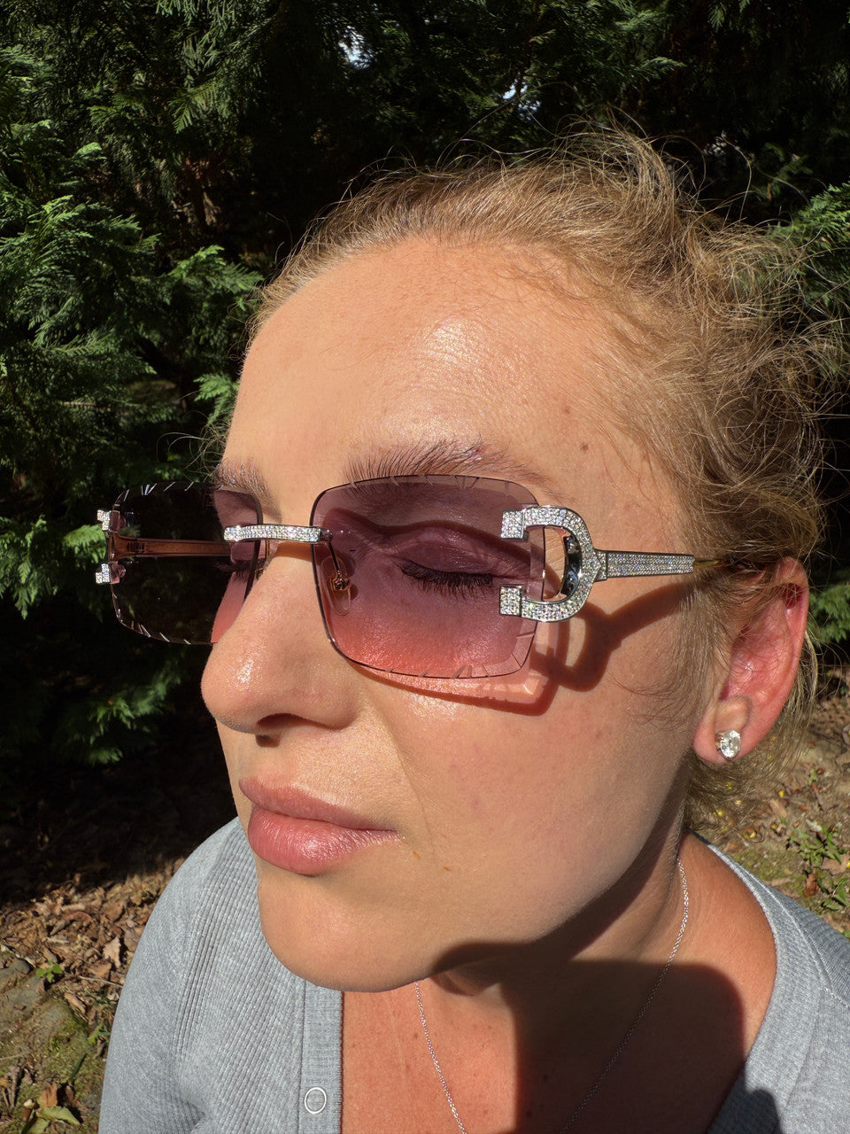 MOISSANITE Big C Iced Out Sunglasses - 925 Silver Buffs - Pink