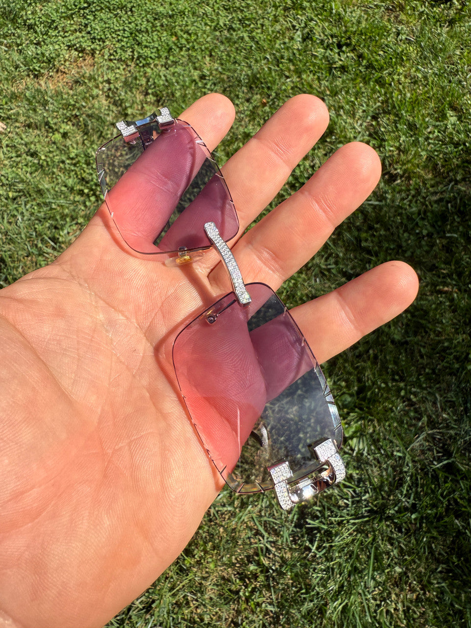 MOISSANITE Big C Iced Out Sunglasses - 925 Silver Buffs - Pink