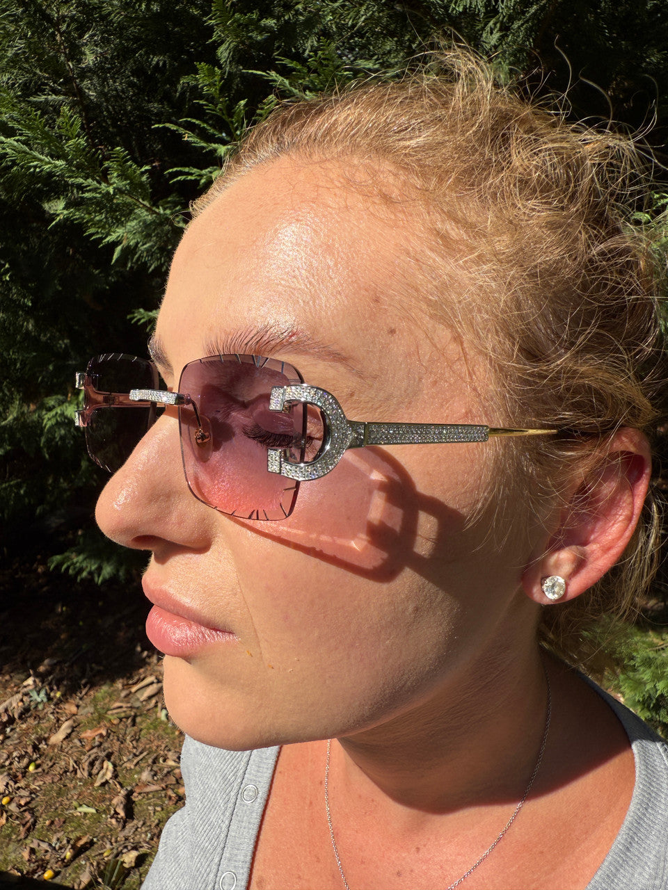 MOISSANITE Big C Iced Out Sunglasses - 925 Silver Buffs - Pink