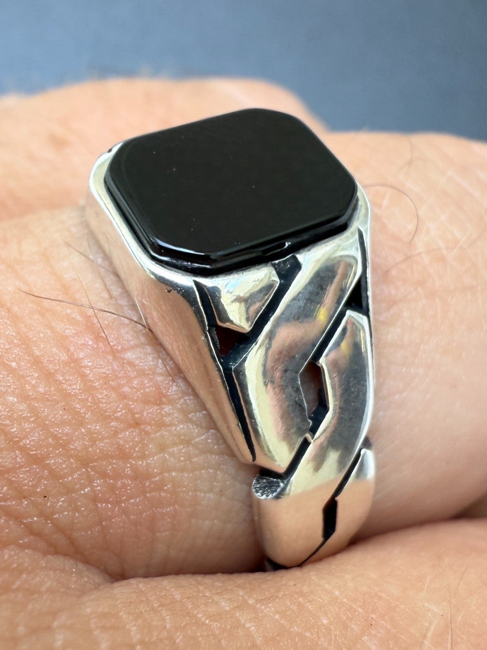Miami Cuban Ring - 925 Silver Oxidized - Genuine Black Onyx Stone