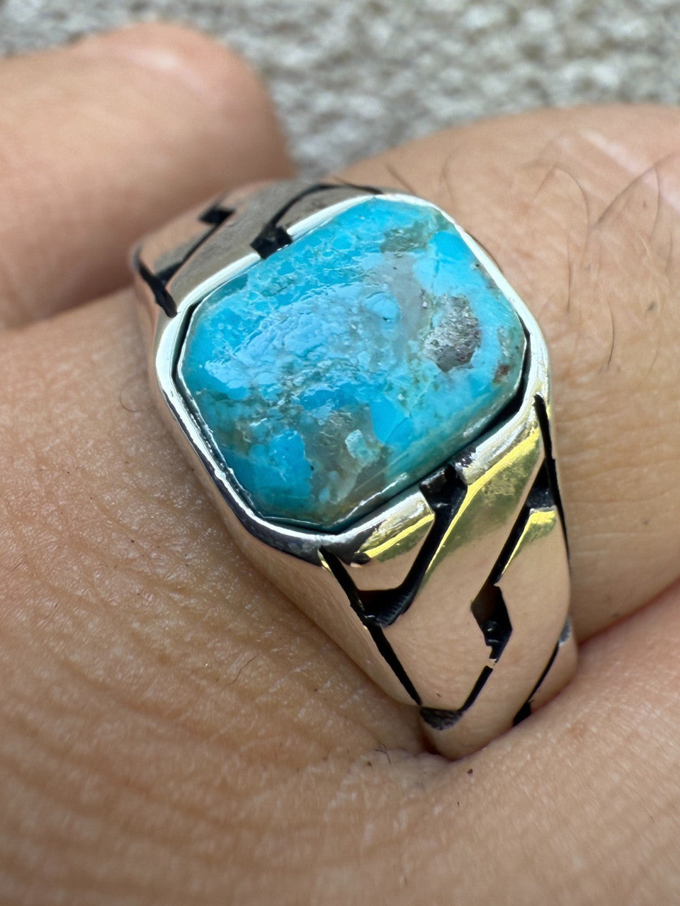 Miami Cuban Ring - 925 Silver Oxidized - Genuine Blue Turquoise Stone