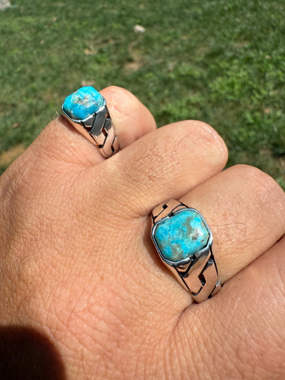 Miami Cuban Ring - 925 Silver Oxidized - Genuine Blue Turquoise Stone