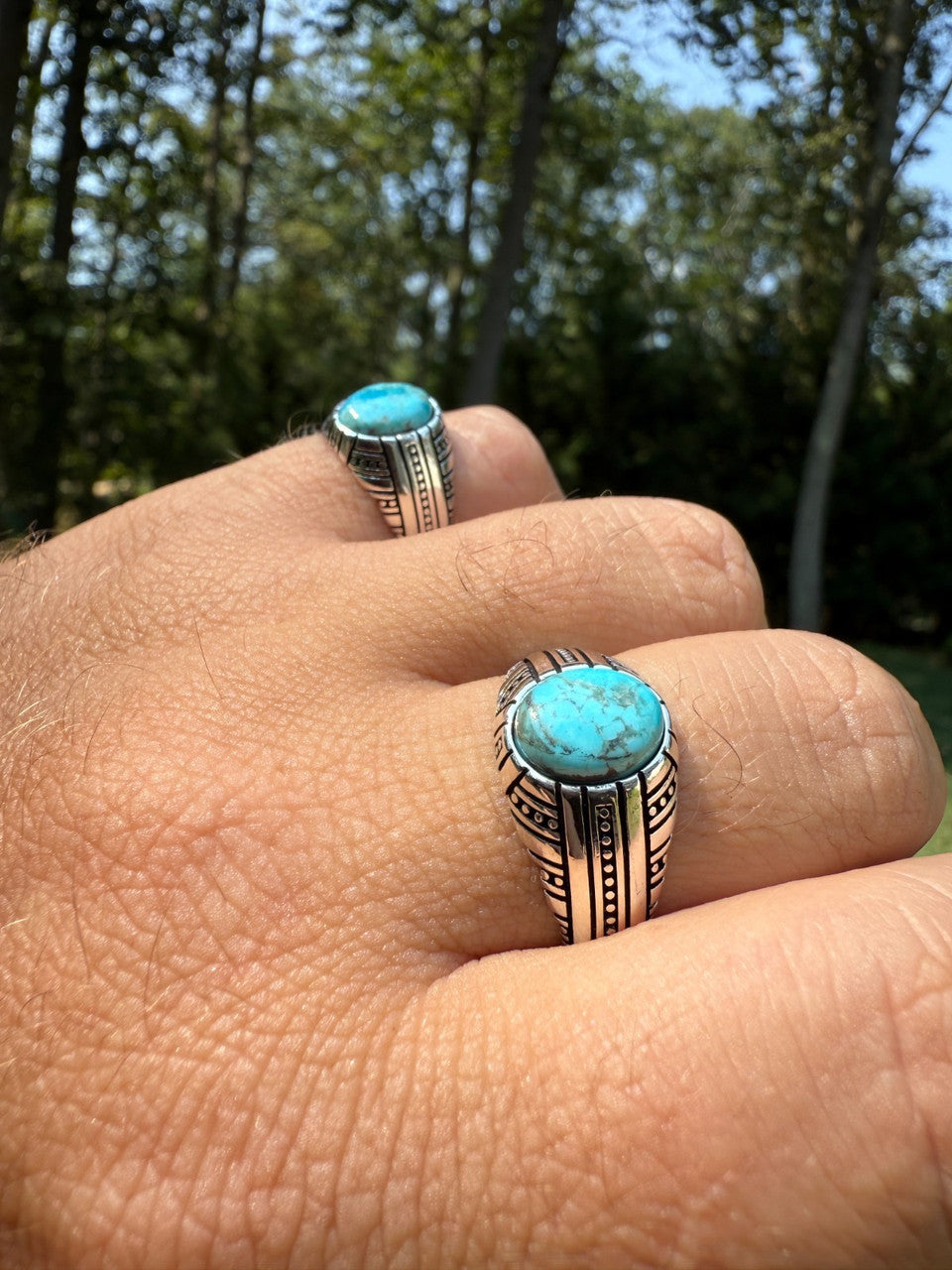 Navajo Tribe Ring - 925 Silver Oxidized - Genuine Blue Turquoise Stone