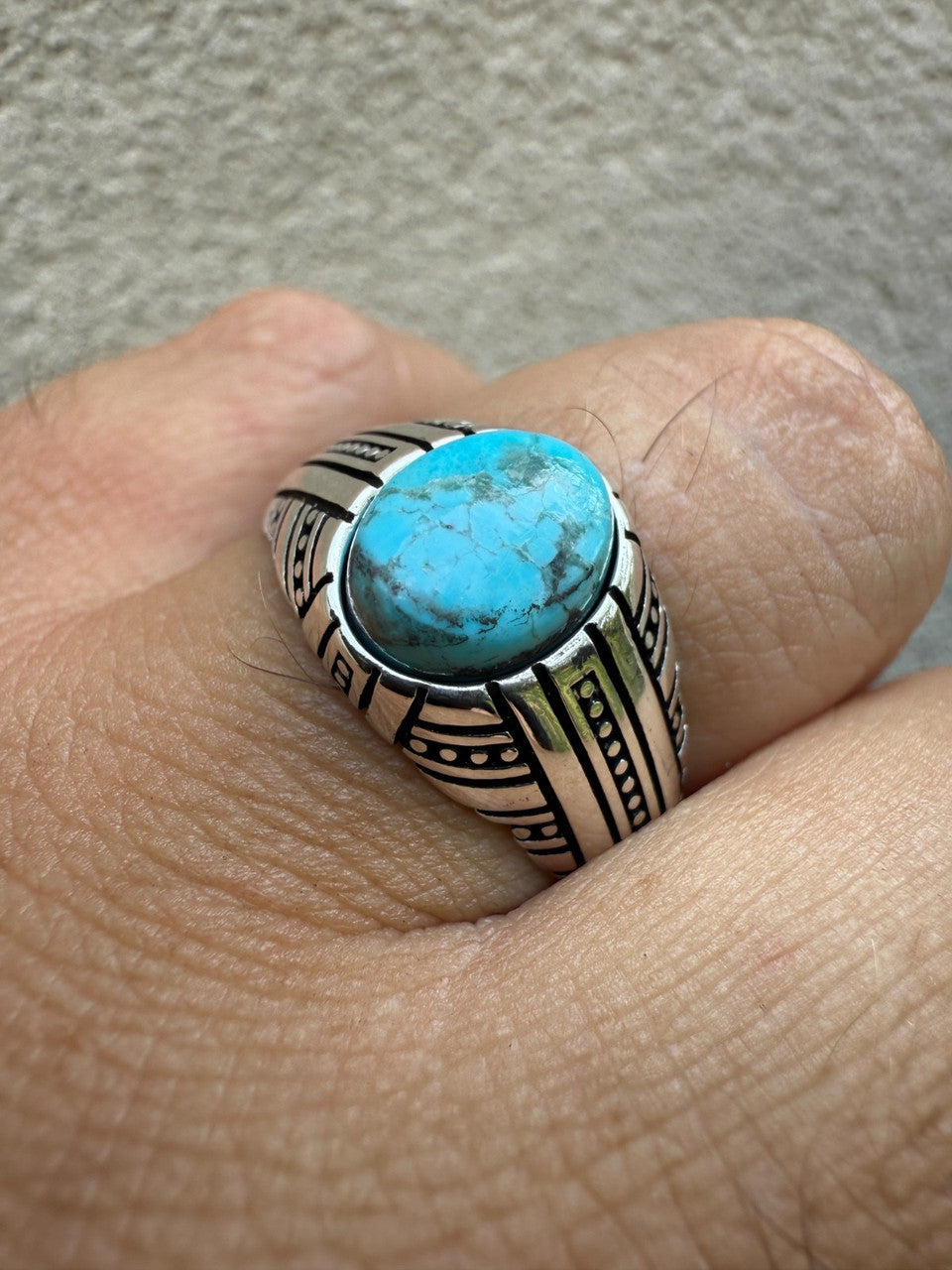 Navajo Tribe Ring - 925 Silver Oxidized - Genuine Blue Turquoise Stone