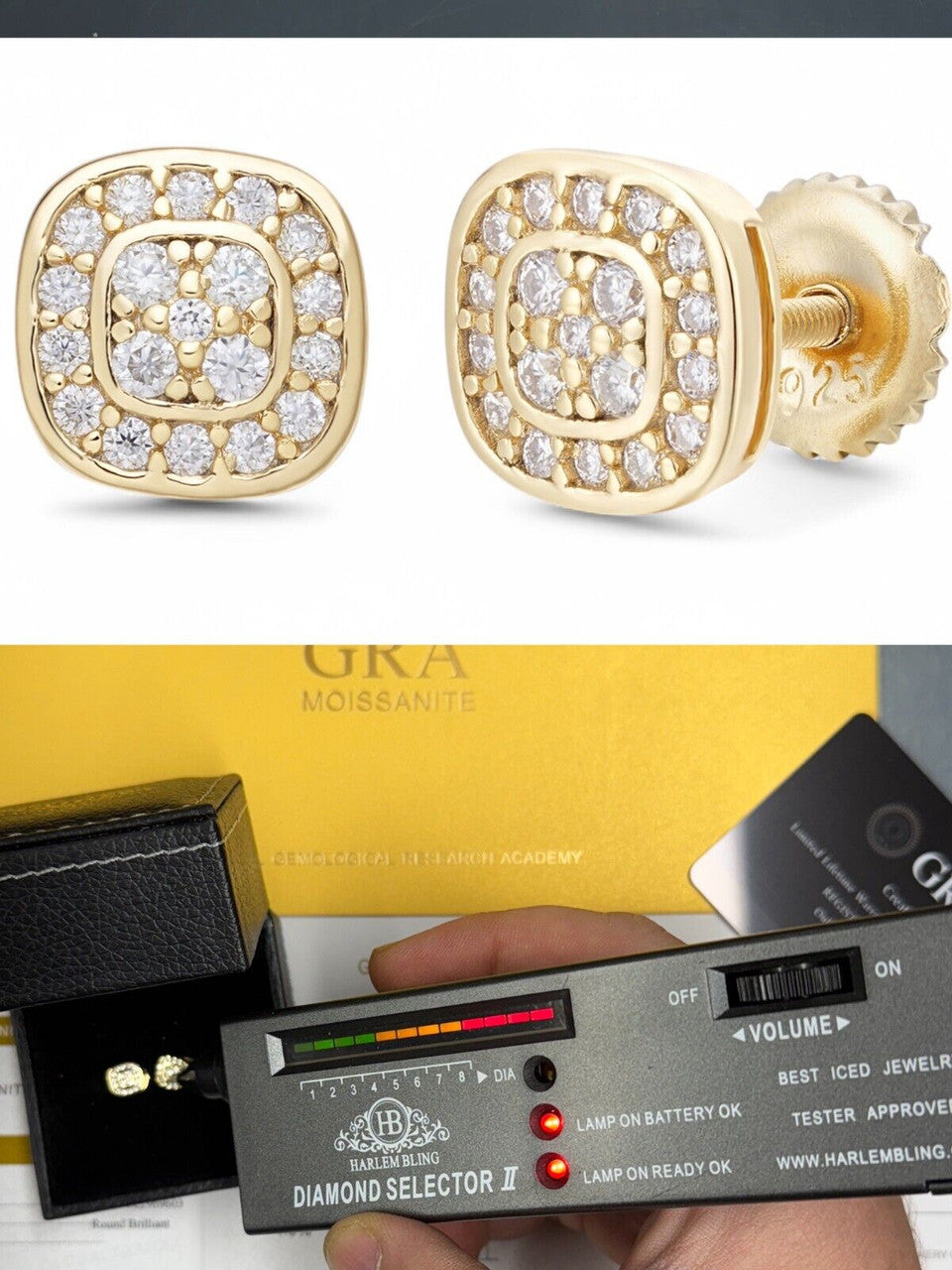 MOISSANITE Square Iced Out Earrings - 14k Gold Vermeil 925 Silver - 7mm