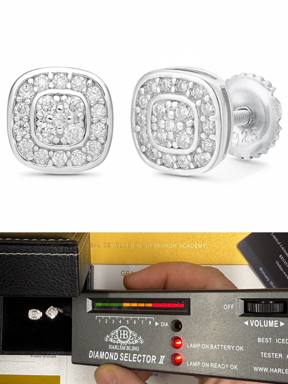 MOISSANITE Square Iced Out Earrings - 925 Silver - 7mm