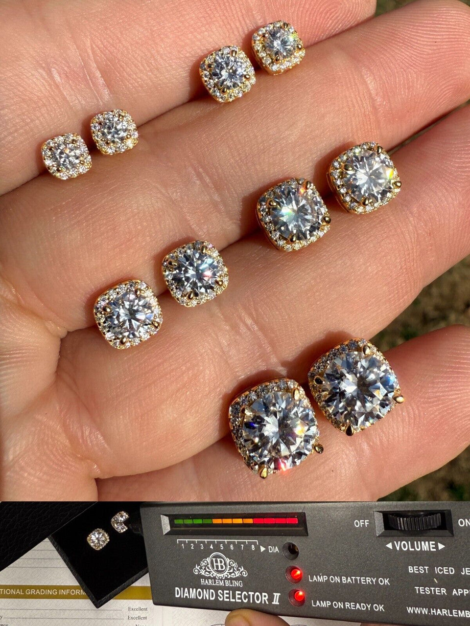 MOISSANITE Iced Out #1 Bestseller Square Halo Set Stud Earrings - 14k Gold Vermeil 925 Silver - 5mm -10mm