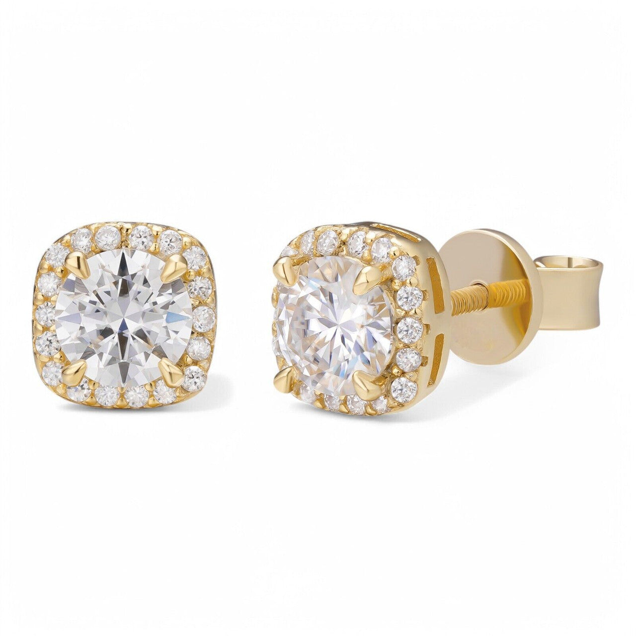 MOISSANITE Iced Out #1 Bestseller Square Halo Set Stud Earrings - 14k Gold Vermeil 925 Silver - 5mm -10mm