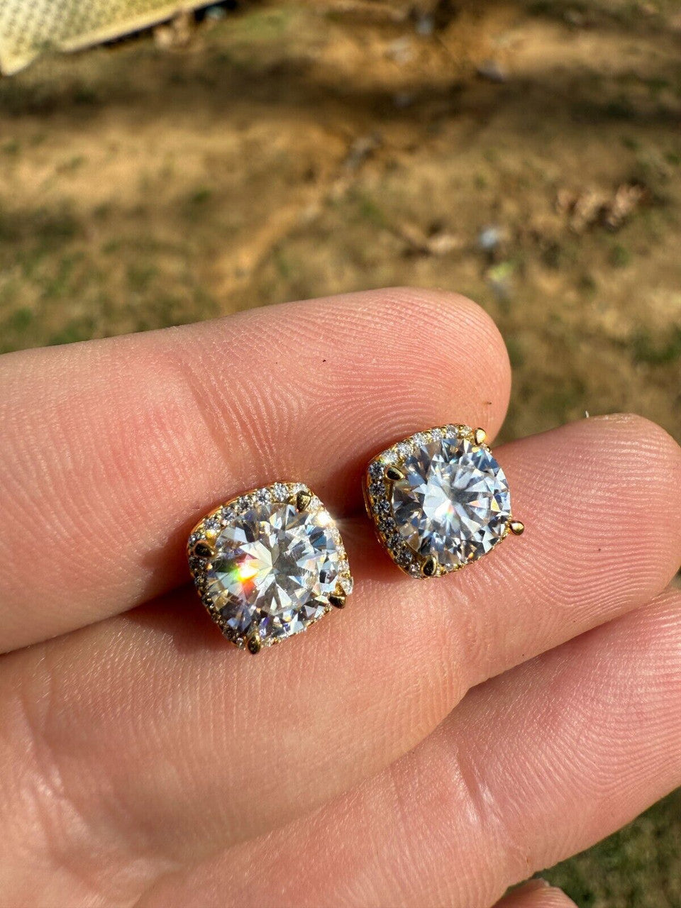 MOISSANITE Iced Out #1 Bestseller Square Halo Set Stud Earrings - 14k Gold Vermeil 925 Silver - 5mm -10mm