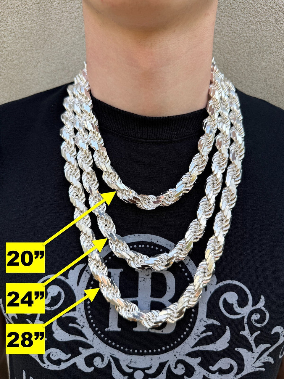 BIGGEST BOSS Rope Chain Necklace - 925 Sterling Silver - 18"-30" - 12.5mm