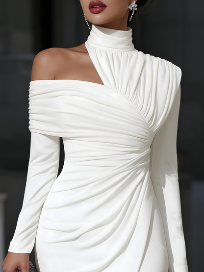 White Asymmetric Draped High-Neck One-Shoulder Midi Dress