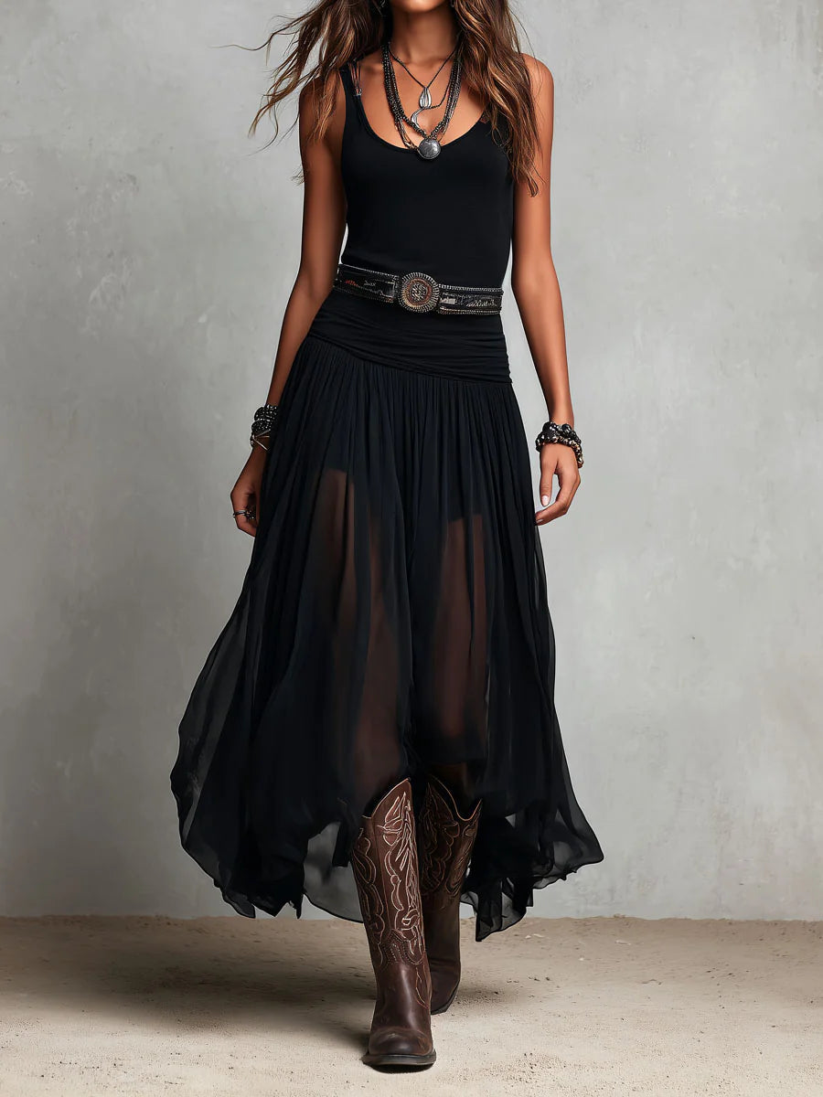 Vestido largo negro de tirantes con falda de tul (sin cinturón)