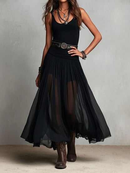 Vestido largo negro de tirantes con falda de tul (sin cinturón)