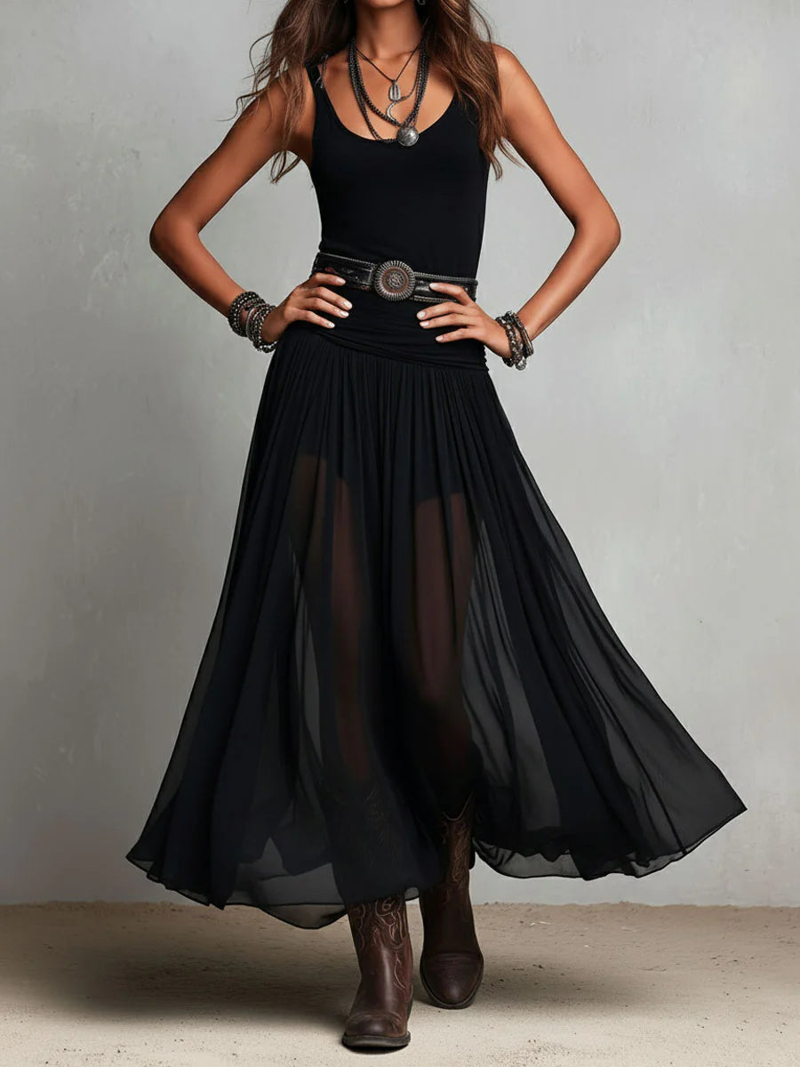 Vestido largo negro de tirantes con falda de tul (sin cinturón)