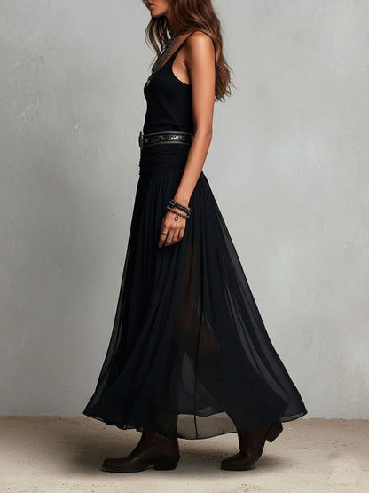 Vestido largo negro de tirantes con falda de tul (sin cinturón)