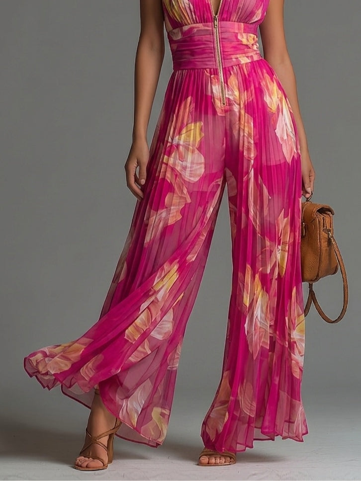 Mono plisado floral fucsia Leila mostrando la caida fluida del pantalon de pernera ancha