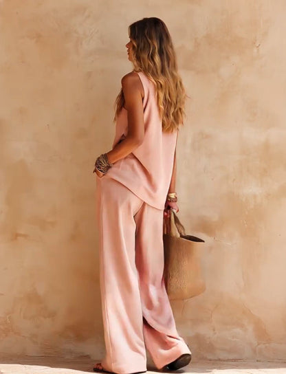 Pink One-shoulder Sleeveless Top And Pants Casual Set