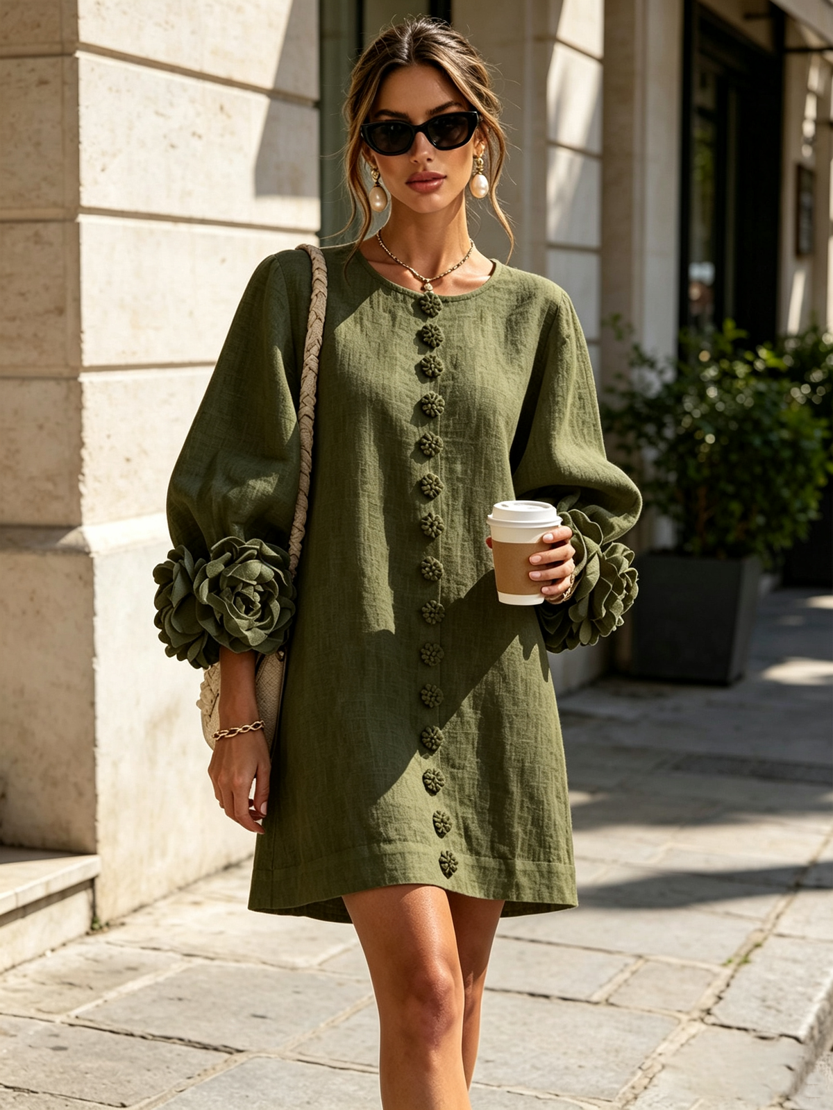 Vestido corto verde oliva con botones y puños de flores
