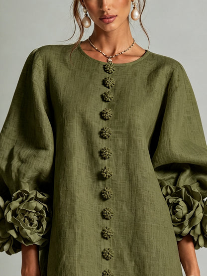 Vestido corto verde oliva con botones y puños de flores