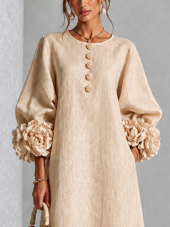Vestido midi beige con botones y puños de flores