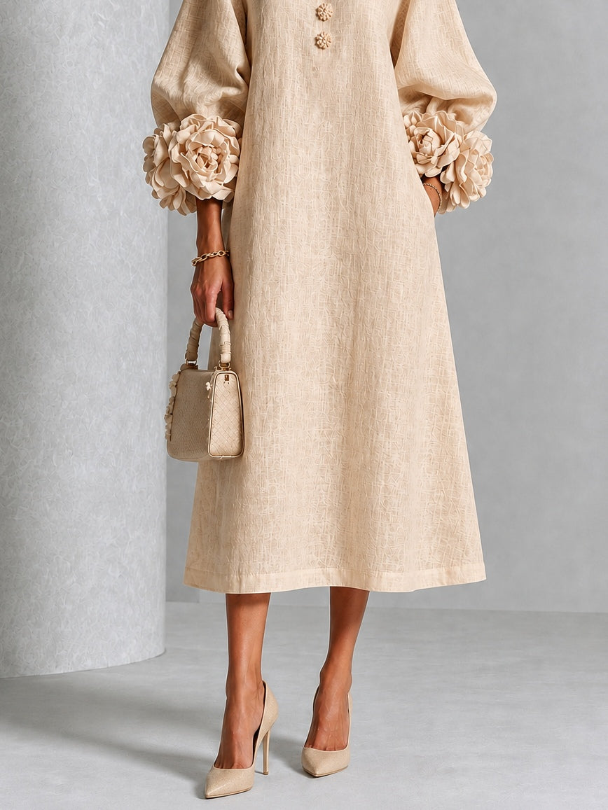 Vestido midi beige con botones y puños de flores