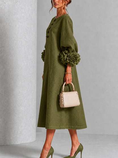 Vestido midi verde oliva con botones y puños de flores