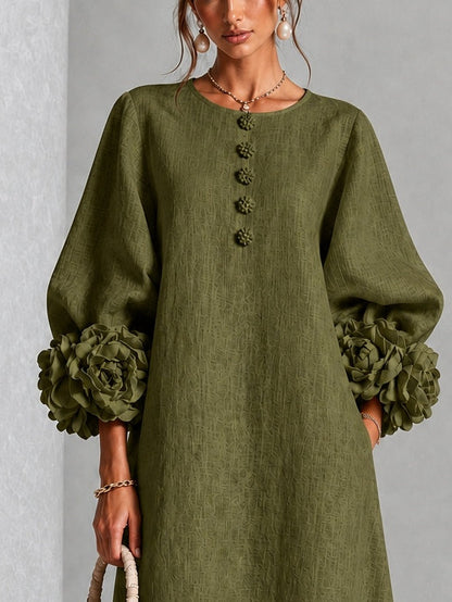 Vestido midi verde oliva con botones y puños de flores