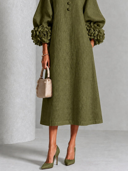 Vestido midi verde oliva con botones y puños de flores