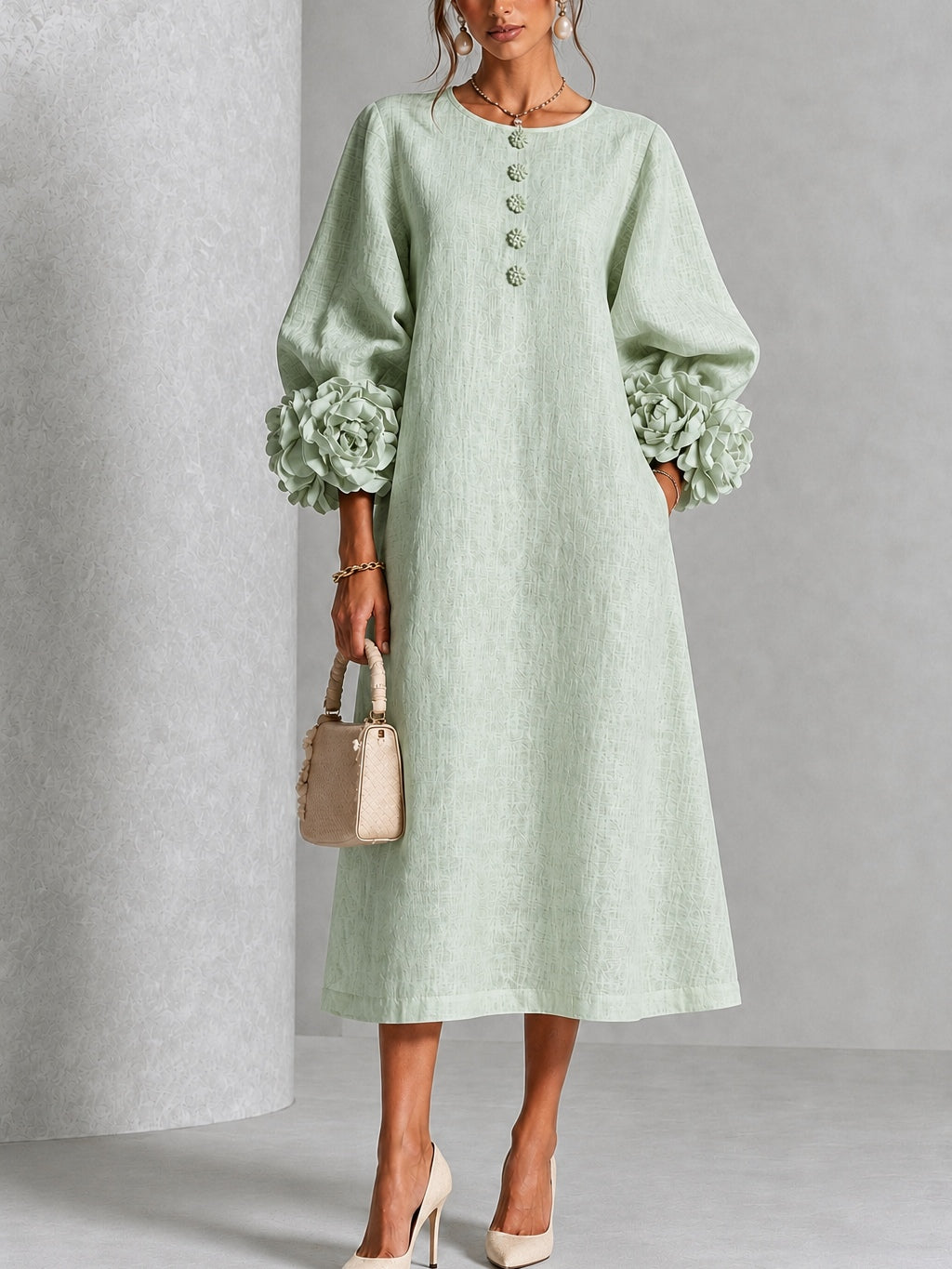 Vestido midi verde salvia con botones y puños de flores