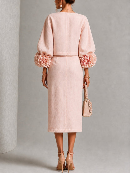 Pink Floral Button-front Top And Skirt Set Featuring Striking Floral Cuffs