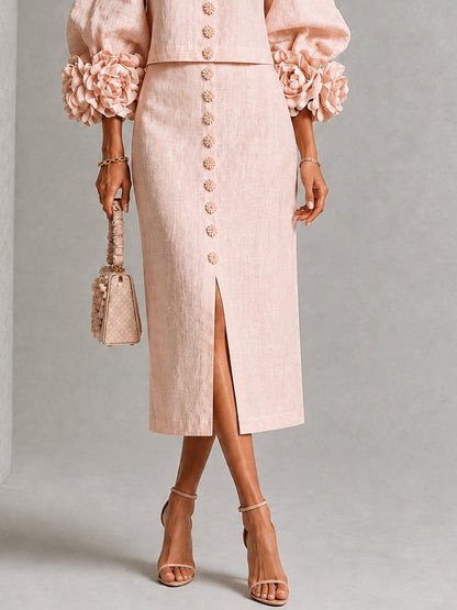 Pink Floral Button-front Top And Skirt Set Featuring Striking Floral Cuffs