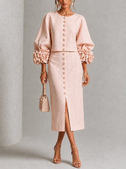 Pink Floral Button-front Top And Skirt Set Featuring Striking Floral Cuffs