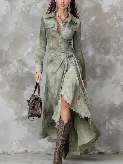 Vintage Sage Green Tie-Dye Pocket Slim Maxi Dress