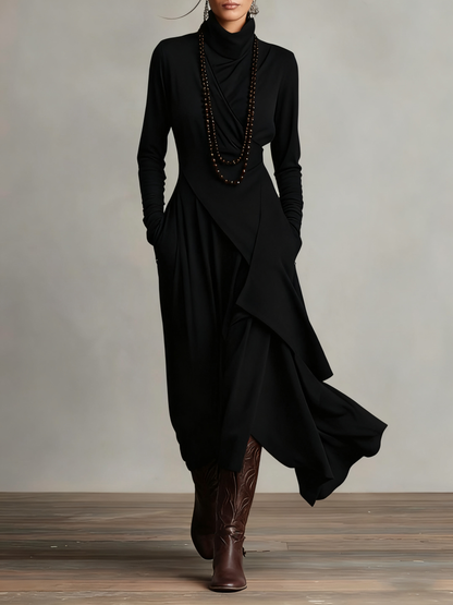 Purple High-neck Asymmetrical Pleated Maxi Dress（Necklace not included）