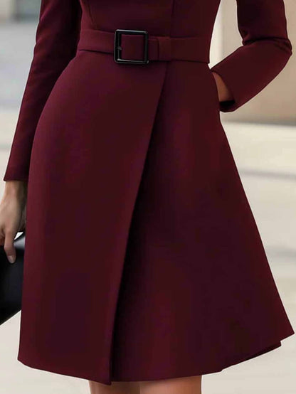 Elegant High-neck Tie-waist A-line Midi Dress (with belt)