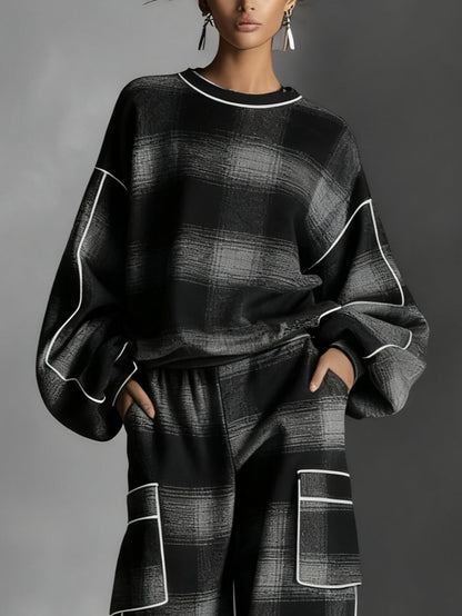 Conjunto de sudadera y pantalón de cuadros en negro y gris