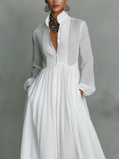 Minimalist Patchwork Single-breasted Stand-up Collar Long-sleeved Dress