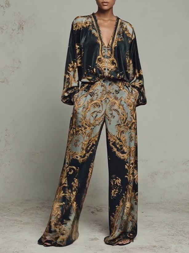 Conjunto de top y pantalón ancho con estampado floral barroco