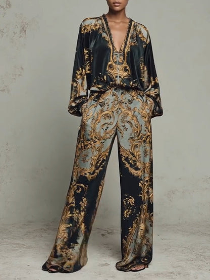 Conjunto de top y pantalón ancho con estampado floral barroco