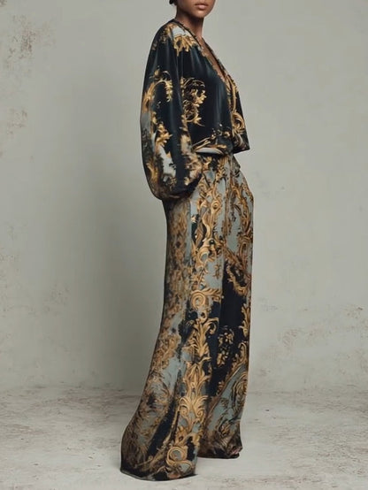 Conjunto de top y pantalón ancho con estampado floral barroco