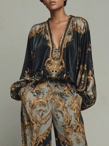 Conjunto de top y pantalón ancho con estampado floral barroco
