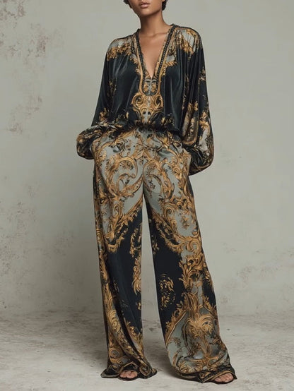 Conjunto de top y pantalón ancho con estampado floral barroco