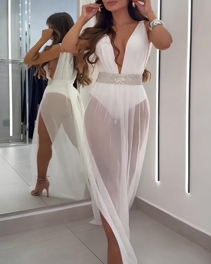Vestido de Playa Costa Blanca – Escote en V con Abertura